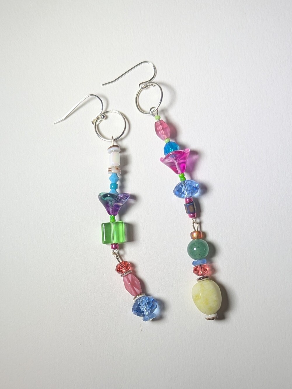 Colorful Beaded Dangle Earrings - Mixed Pink, Green & Blue